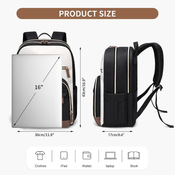 Women Black-Beige Computer Bag Casual Fits 16 Inch College Travel Backpacks - Picture 3 of 9